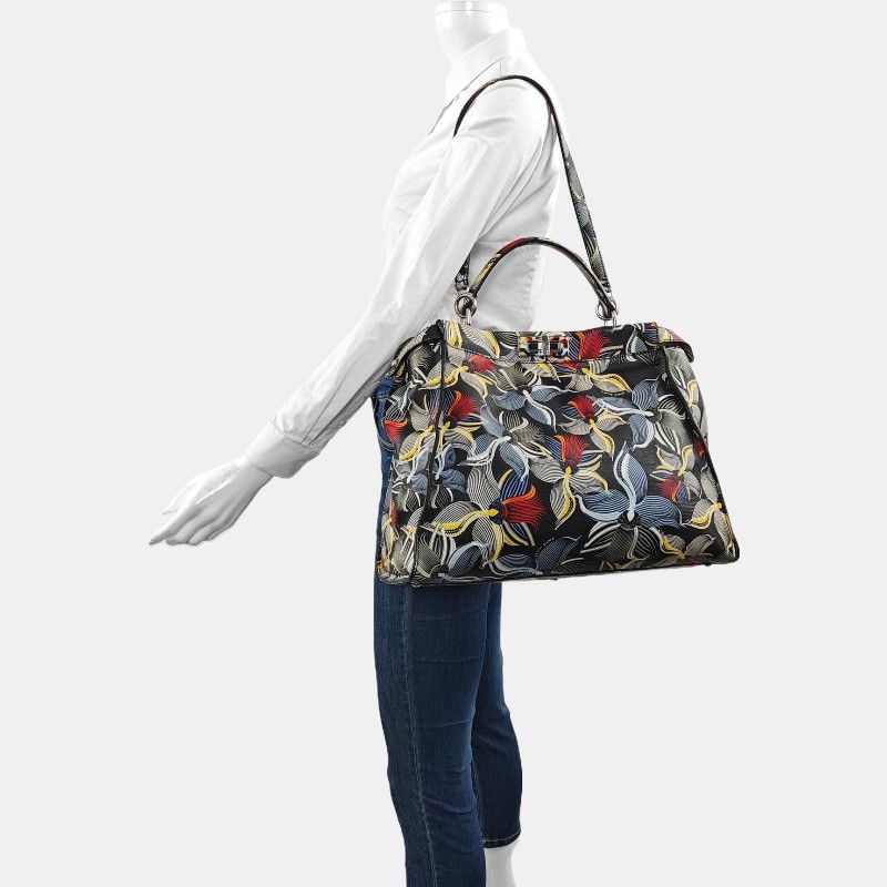 FENDI Peekaboo 大號 多色牛皮印花單肩包手提包 銀色五金 可拆卸肩帶-1