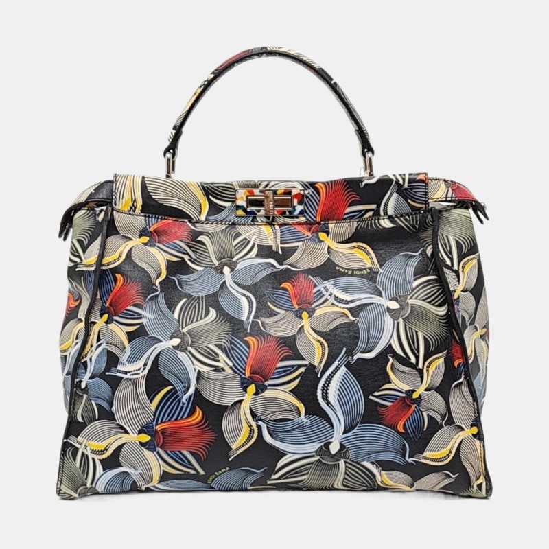 FENDI Peekaboo 大號 多色牛皮印花單肩包手提包 銀色五金 可拆卸肩帶-4