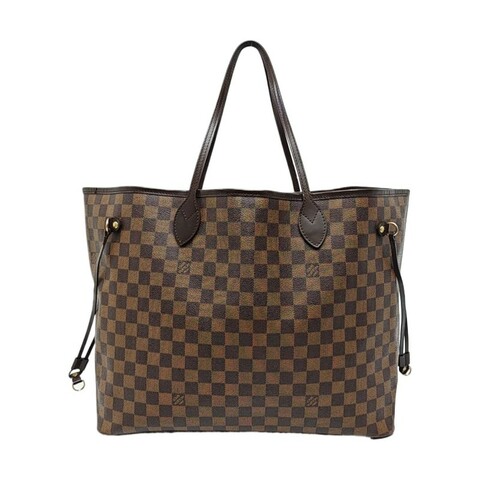 LOUIS VUITTON NEVERFULL 大號 棕色塗層帆布棋盤格購物袋單肩包手提包 金色五金
