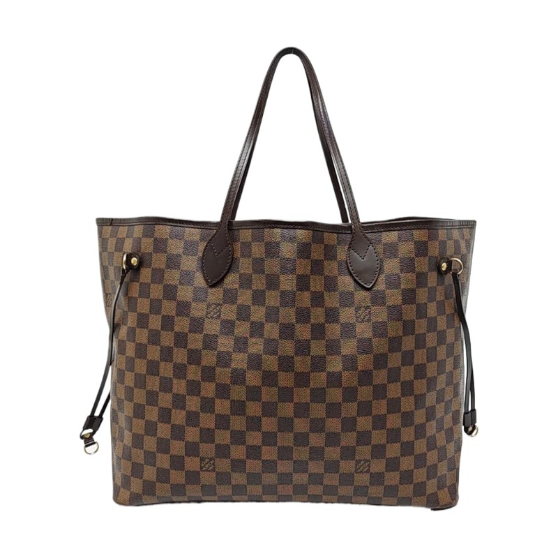 LOUIS VUITTON NEVERFULL 大號 棕色塗層帆布棋盤格購物袋單肩包手提包 金色五金-0