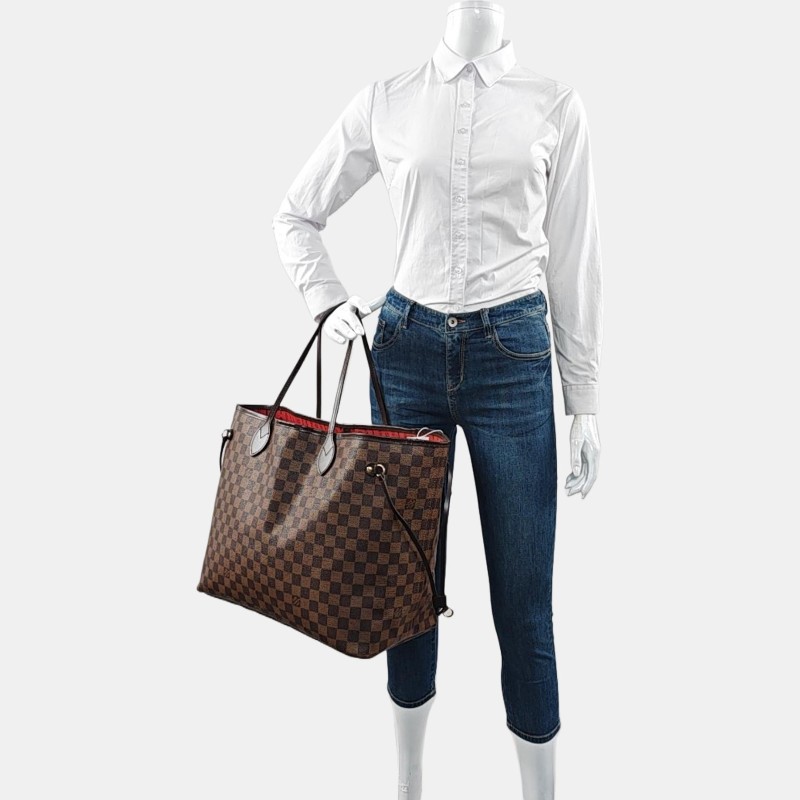 LOUIS VUITTON NEVERFULL 大號 棕色塗層帆布棋盤格購物袋單肩包手提包 金色五金-1