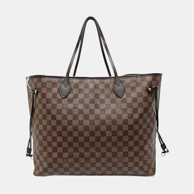 LOUIS VUITTON NEVERFULL 大號 棕色塗層帆布棋盤格購物袋單肩包手提包 金色五金-4