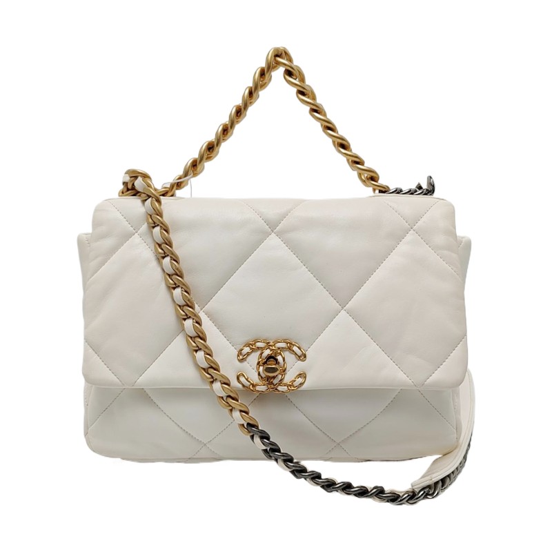 CHANEL CHANEL 19 大號 白色羊皮菱格紋絎縫斜挎包手提包單肩包 金色銀色釘色五金 晶片款-0