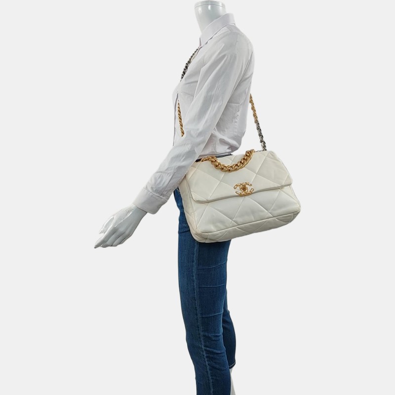 CHANEL CHANEL 19 大號 白色羊皮菱格紋絎縫斜挎包手提包單肩包 金色銀色釘色五金 晶片款-1