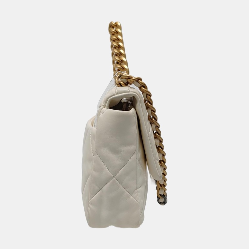 CHANEL CHANEL 19 大號 白色羊皮菱格紋絎縫斜挎包手提包單肩包 金色銀色釘色五金 晶片款-3