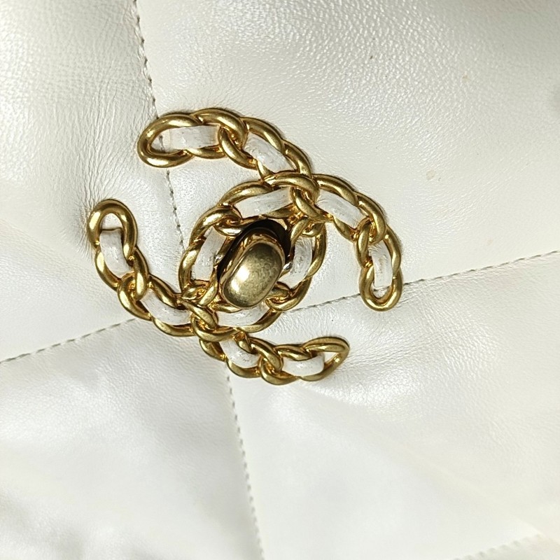 CHANEL CHANEL 19 大號 白色羊皮菱格紋絎縫斜挎包手提包單肩包 金色銀色釘色五金 晶片款-10
