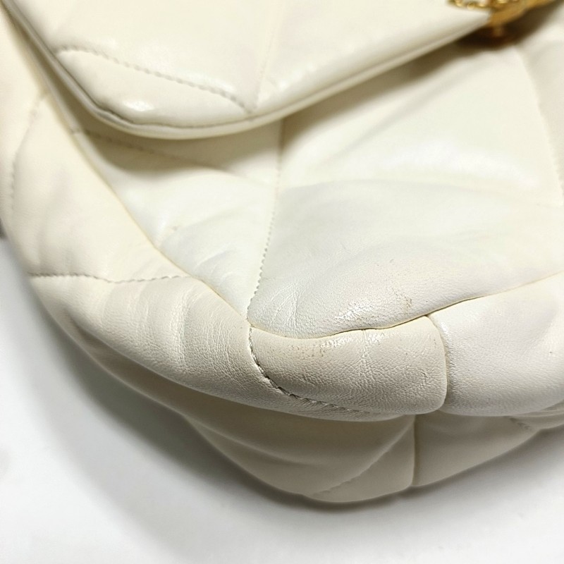 CHANEL CHANEL 19 大號 白色羊皮菱格紋絎縫斜挎包手提包單肩包 金色銀色釘色五金 晶片款-14