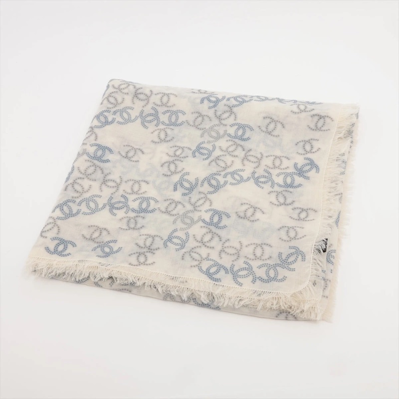 CHANEL 香奈兒 白藍 小香 須邊 圍巾 披肩 披巾 絲巾-1