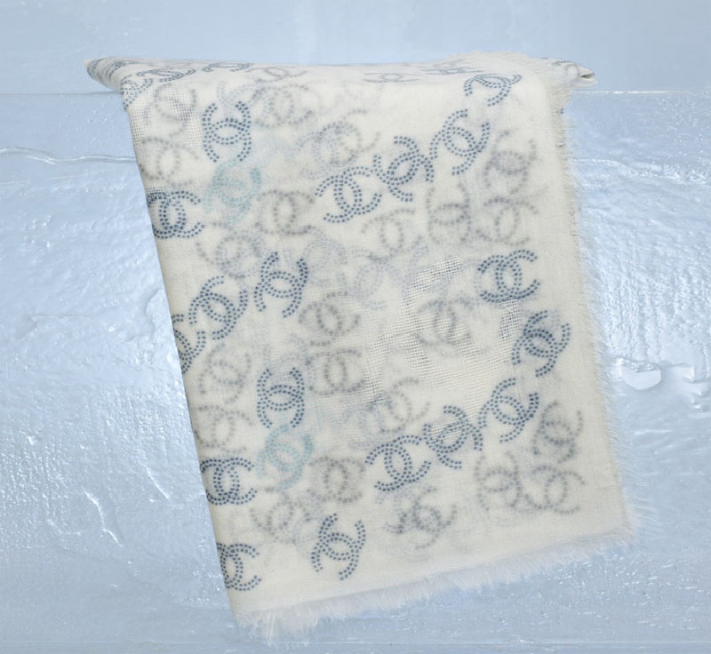 CHANEL 香奈兒 白藍 小香 須邊 圍巾 披肩 披巾 絲巾-3