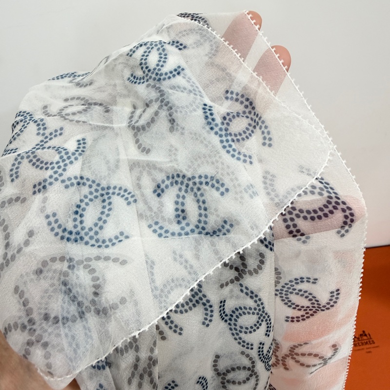 CHANEL 香奈兒 白藍 小香 須邊 圍巾 披肩 披巾 絲巾-4