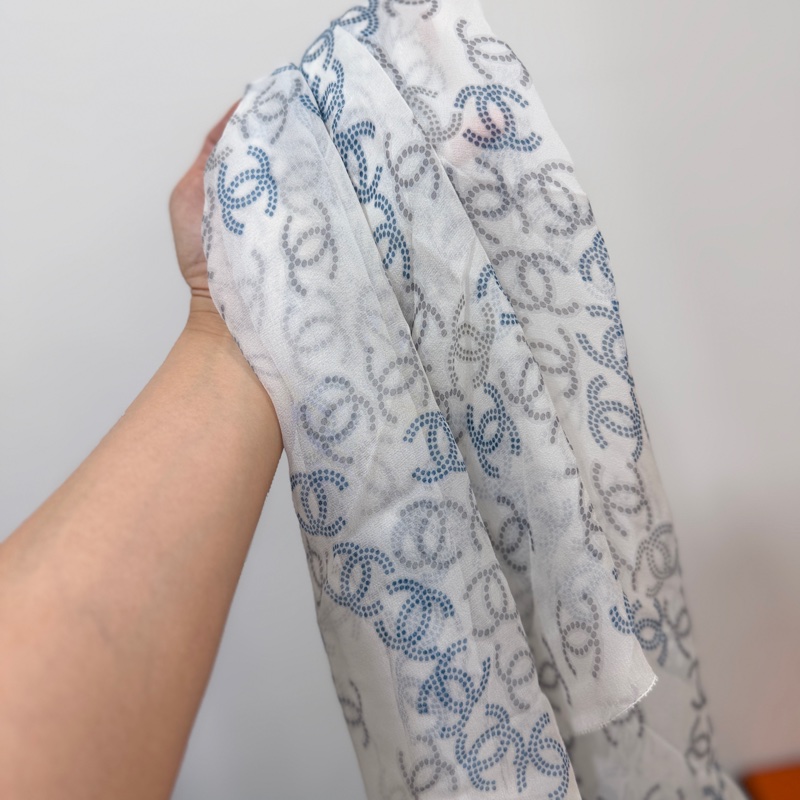 CHANEL 香奈兒 白藍 小香 須邊 圍巾 披肩 披巾 絲巾-7