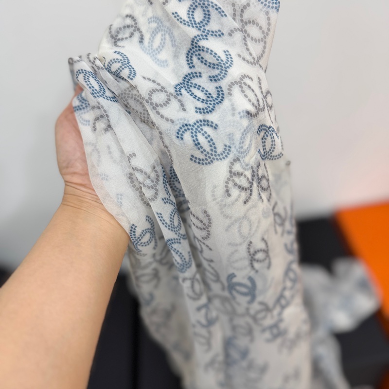 CHANEL 香奈兒 白藍 小香 須邊 圍巾 披肩 披巾 絲巾-8