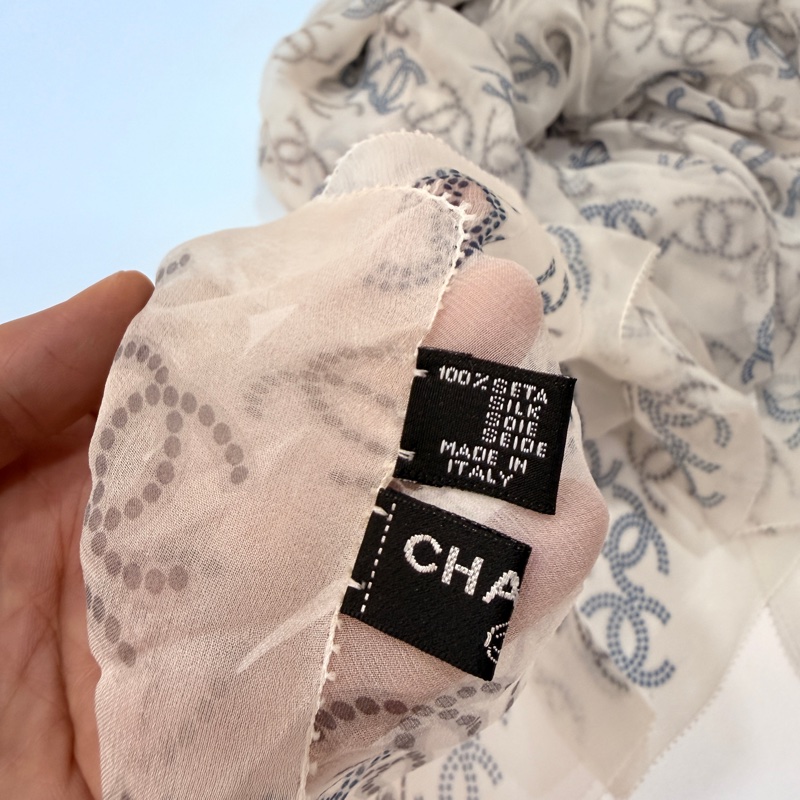 CHANEL 香奈兒 白藍 小香 須邊 圍巾 披肩 披巾 絲巾-10