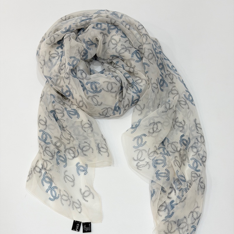 CHANEL 香奈兒 白藍 小香 須邊 圍巾 披肩 披巾 絲巾-13