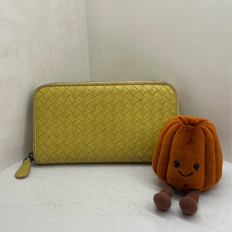 BOTTEGA VENETA 編織小牛皮拉鍊長夾 檸檬黃