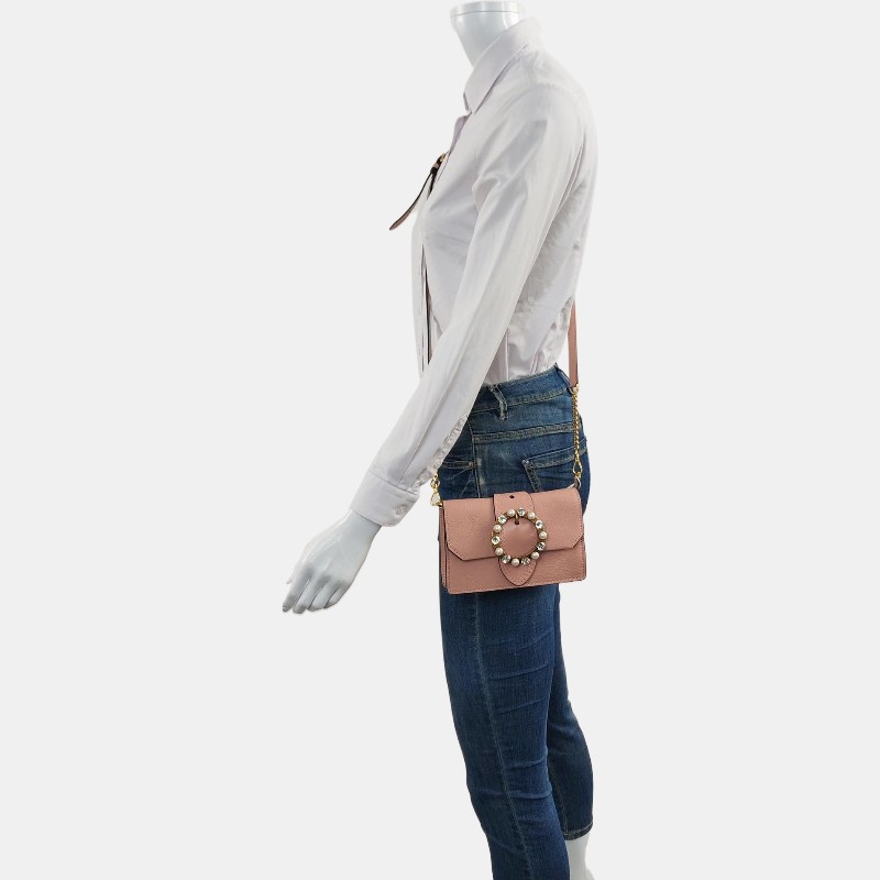 Miu Miu My Miu 粉色羊皮鑲嵌斜挎包單肩包 金色五金 可拆卸肩帶-1