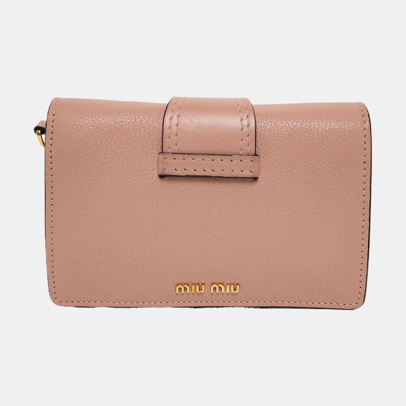 Miu Miu My Miu 粉色羊皮鑲嵌斜挎包單肩包 金色五金 可拆卸肩帶-4