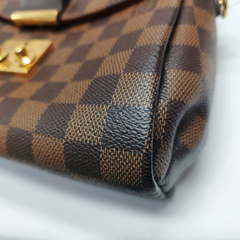 LOUIS VUITTON CROISETTE 棕色塗層帆布棋盤格流蘇單肩包手提包斜挎包 金色五金 可拆卸肩帶-9
