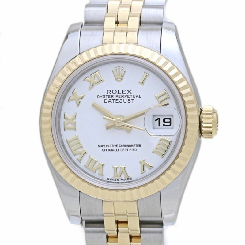 Rolex Datejust 白色羅馬數位時標,隨機編號 179173,18K 黃金和不鏽鋼女士腕錶,40129-0