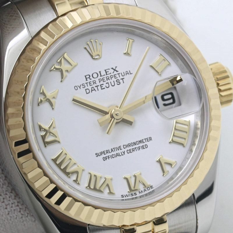 Rolex Datejust 白色羅馬數位時標,隨機編號 179173,18K 黃金和不鏽鋼女士腕錶,40129-4