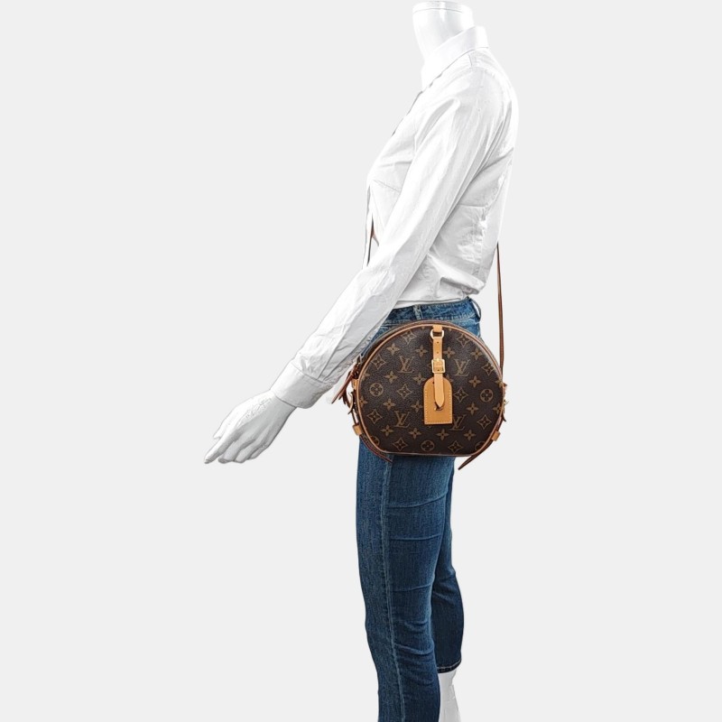 LOUIS VUITTON BOITE CHAPEAU 中號 棕色塗層帆布老花圓餅包單肩包斜挎包 金色五金 可拆卸肩帶-1