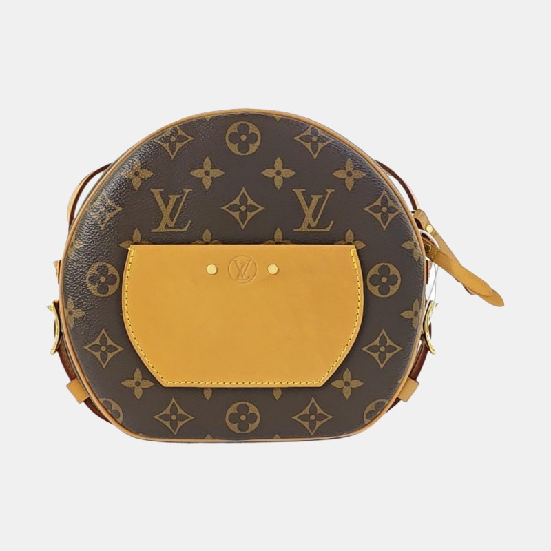 LOUIS VUITTON BOITE CHAPEAU 中號 棕色塗層帆布老花圓餅包單肩包斜挎包 金色五金 可拆卸肩帶-4