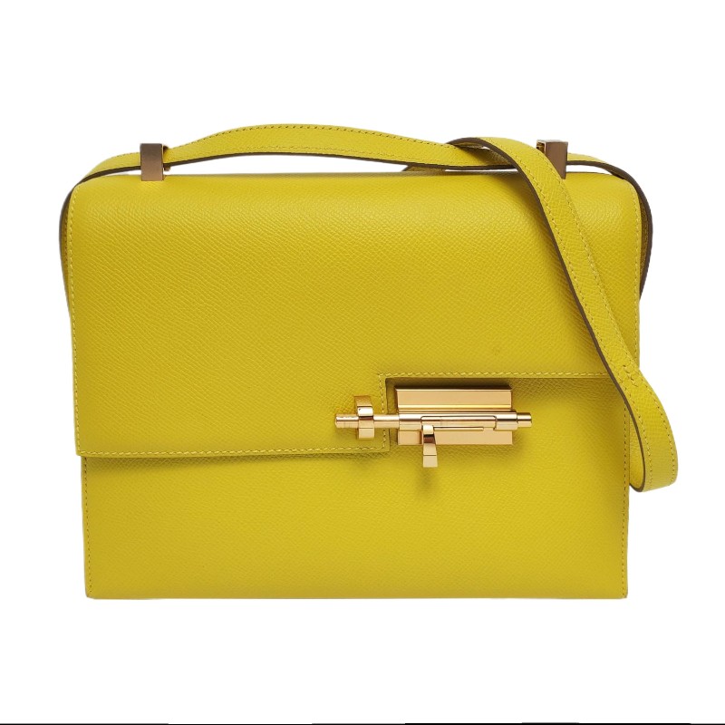 HERMES Verrou 檸檬黃Epsom牛皮插銷包單肩包斜挎包 金色五金 Y刻-0