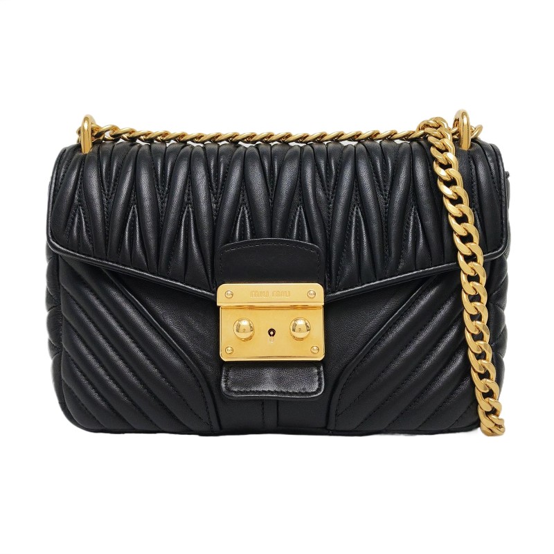 Miu Miu Miu Confidential 黑色羊皮絎縫斜挎包單肩包手提包 金色五金-0