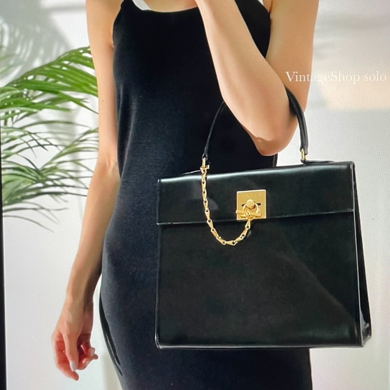 old Celine Toggle clasp chain handbag Vintage 稀有絕版黑金練凱莉經典手提包-0