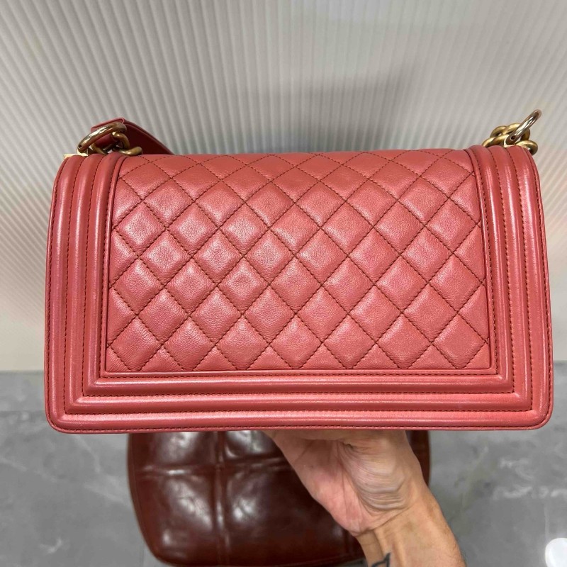 CHANEL 香奈兒 Leboy 中號 粉色金釦牛皮肩背包斜背包-6