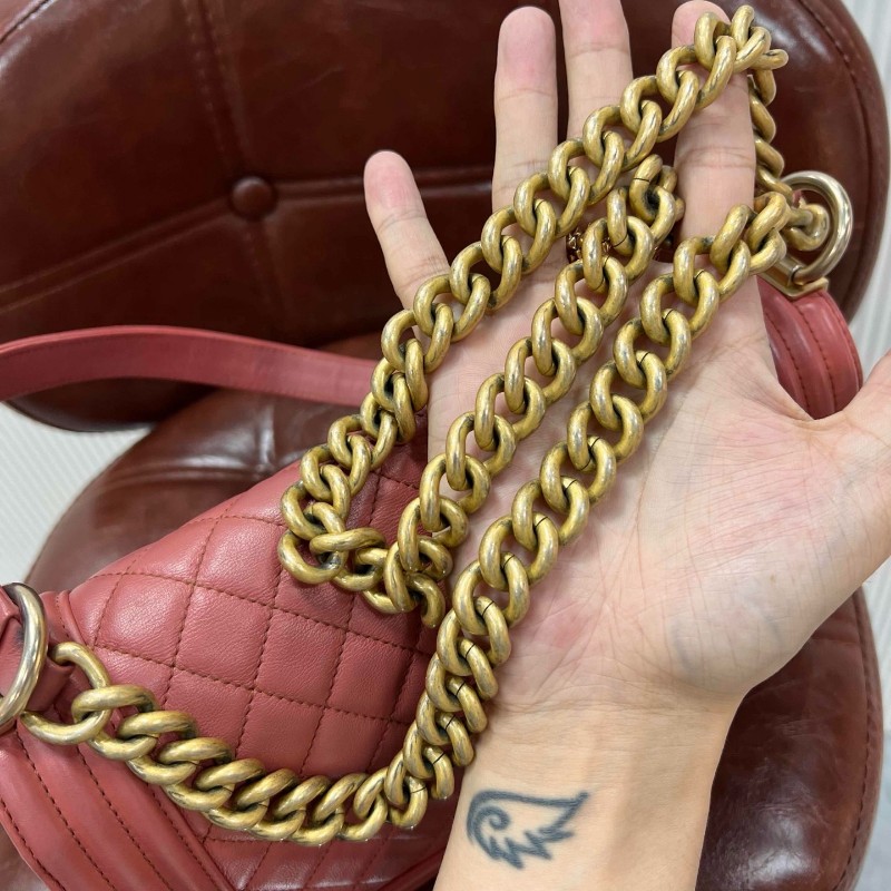 CHANEL 香奈兒 Leboy 中號 粉色金釦牛皮肩背包斜背包-21