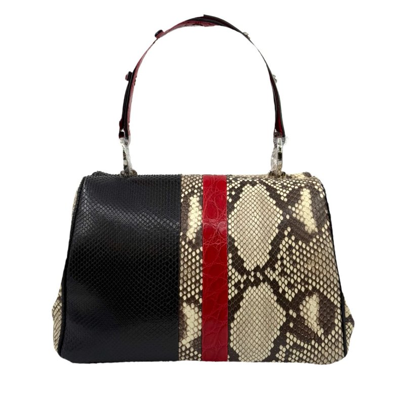 ［1766］普拉達 PRADA 蛇皮拼色手提包 黑色 蛇皮 銀扣-1