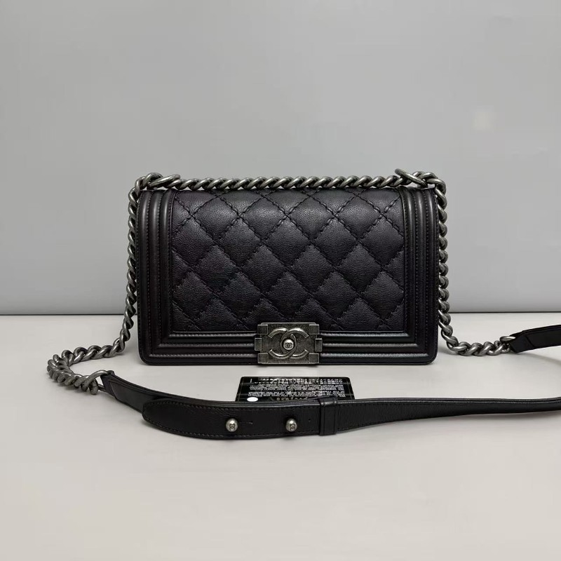 Chanel香奈兒 leboy中號 黑銀牛皮菱格外縫線包肩背包斜背包 25cm-0