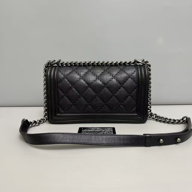 Chanel香奈兒 leboy中號 黑銀牛皮菱格外縫線包肩背包斜背包 25cm-1