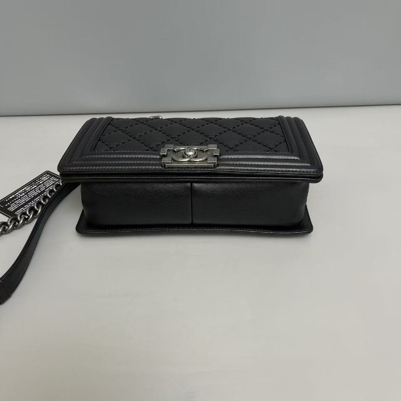 Chanel香奈兒 leboy中號 黑銀牛皮菱格外縫線包肩背包斜背包 25cm-2