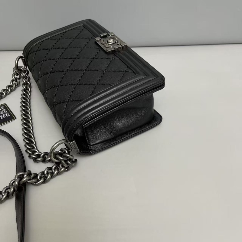 Chanel香奈兒 leboy中號 黑銀牛皮菱格外縫線包肩背包斜背包 25cm-3