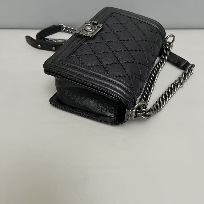 Chanel香奈兒 leboy中號 黑銀牛皮菱格外縫線包肩背包斜背包 25cm-4