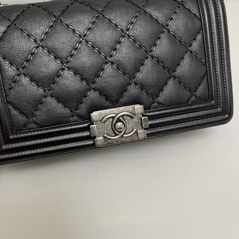 Chanel香奈兒 leboy中號 黑銀牛皮菱格外縫線包肩背包斜背包 25cm-5