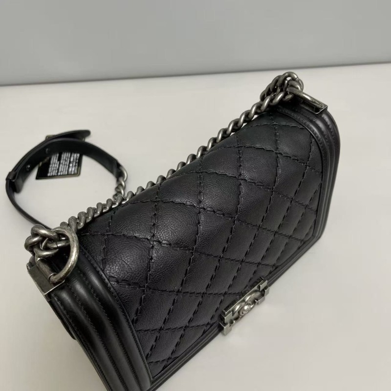 Chanel香奈兒 leboy中號 黑銀牛皮菱格外縫線包肩背包斜背包 25cm-6