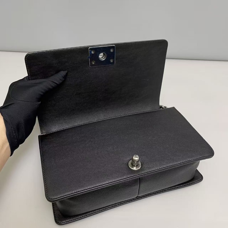 Chanel香奈兒 leboy中號 黑銀牛皮菱格外縫線包肩背包斜背包 25cm-7