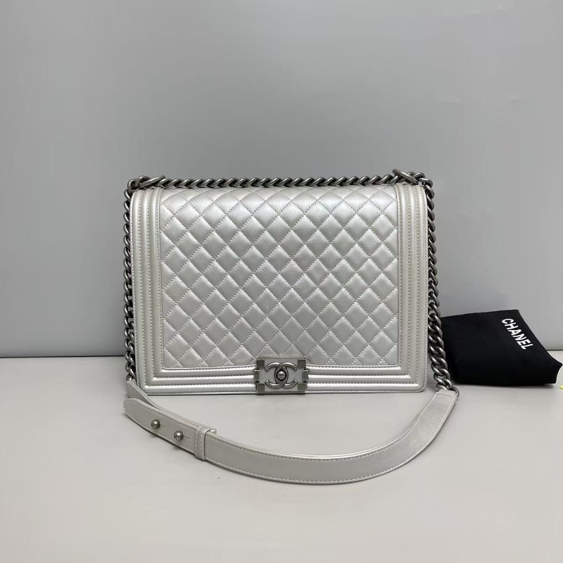 Chanel香奈兒 leboy大號 銀灰色牛皮菱格包 肩背包斜背包-0