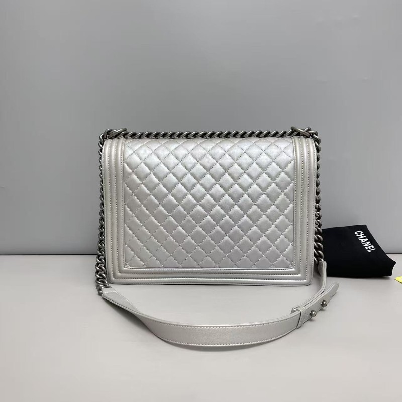 Chanel香奈兒 leboy大號 銀灰色牛皮菱格包 肩背包斜背包-1