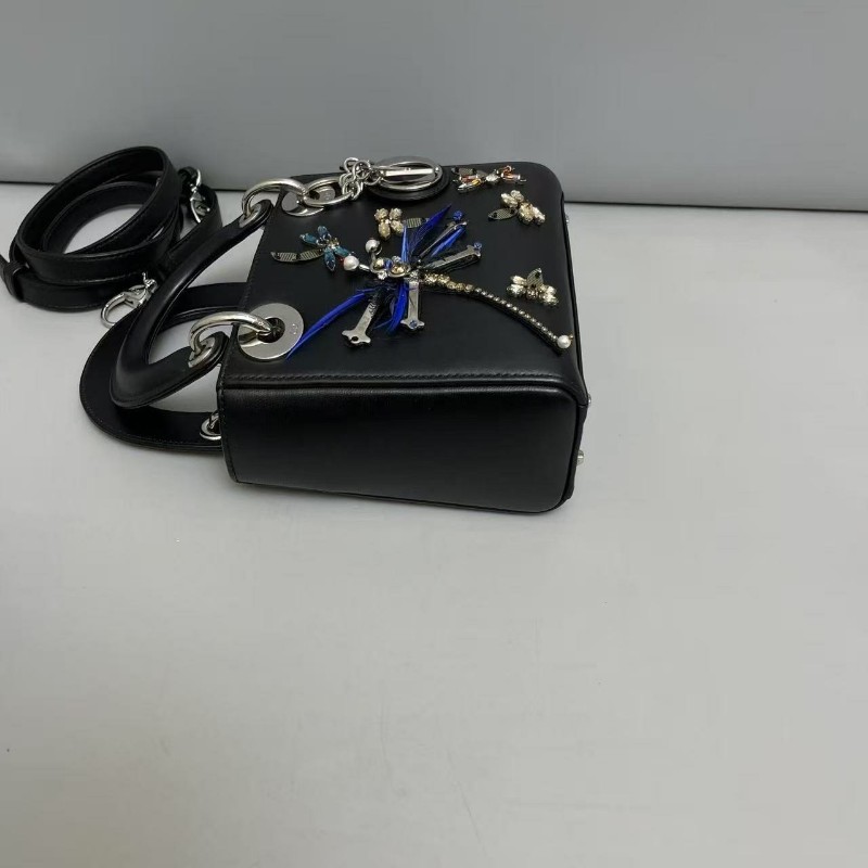 Dior迪奧 黑色全皮刺繡蜻蜓限量三格lady戴妃包 手提包肩背包-3