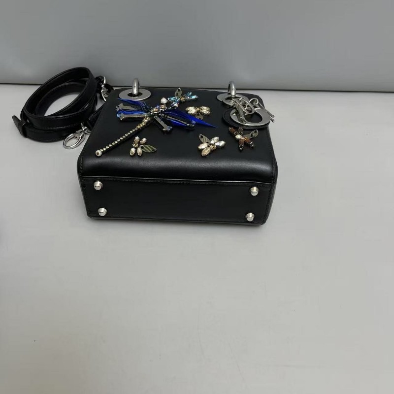 Dior迪奧 黑色全皮刺繡蜻蜓限量三格lady戴妃包 手提包肩背包-4