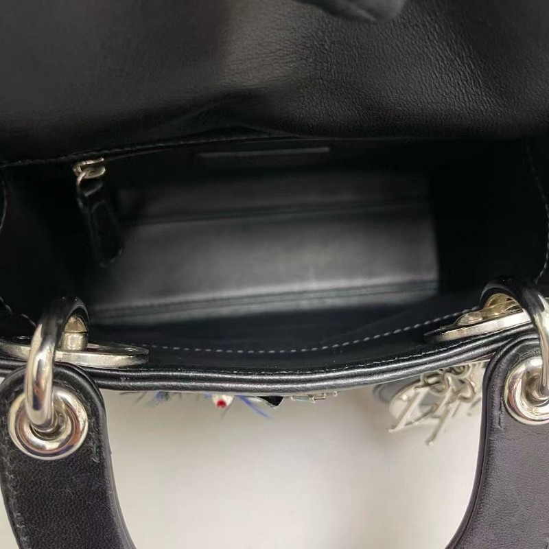 Dior迪奧 黑色全皮刺繡蜻蜓限量三格lady戴妃包 手提包肩背包-6