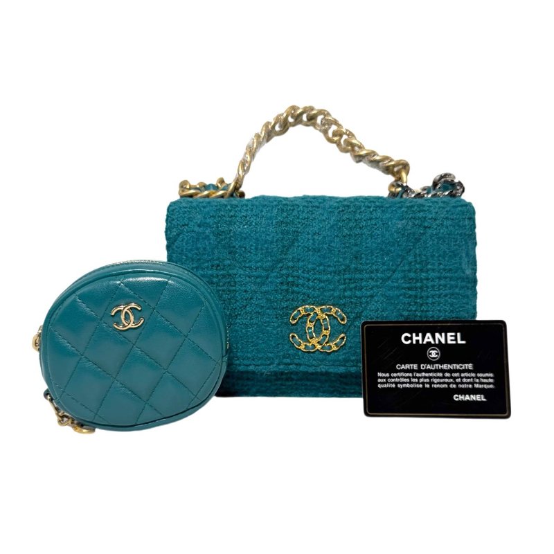 ［2400］香奈兒 Chanel 19 Bag WOC 湖水藍綠色 毛呢 小號 金扣-5
