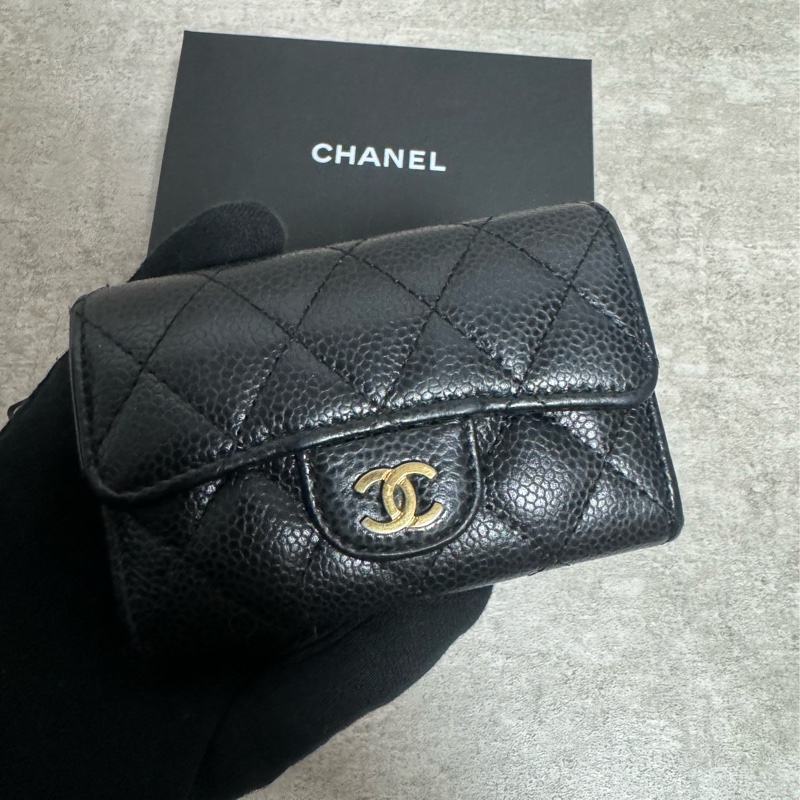 正品 Chanel 經典黑金荔枝皮cf款零錢包-2