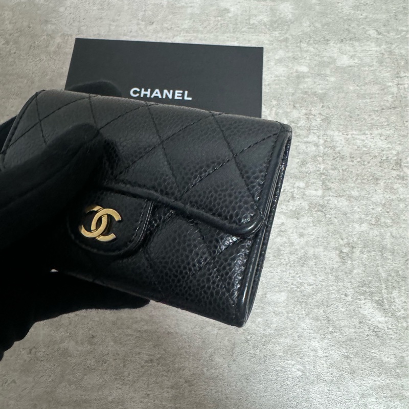 正品 Chanel 經典黑金荔枝皮cf款零錢包-4