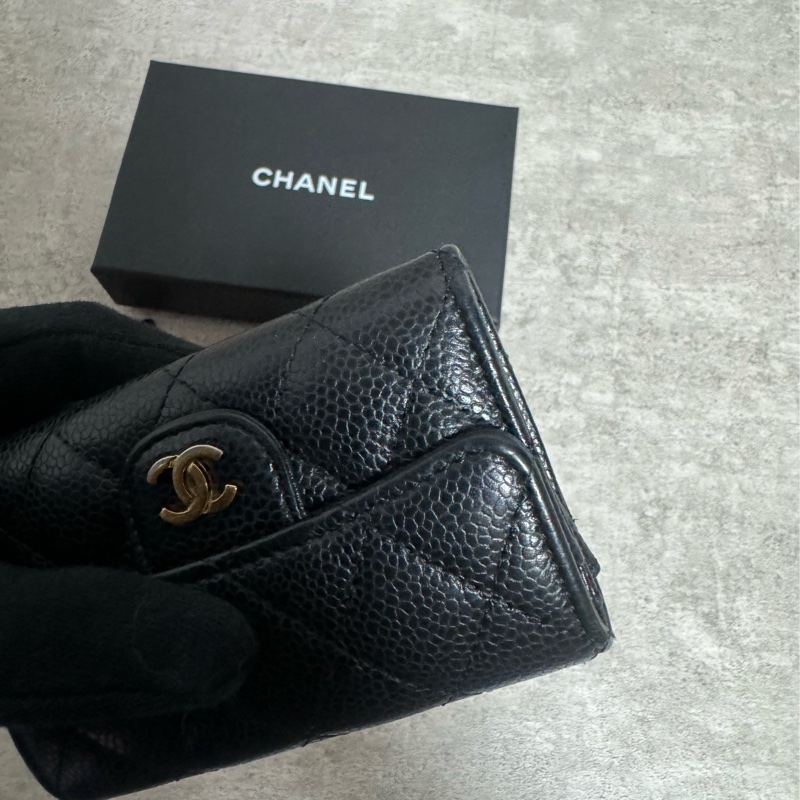 正品 Chanel 經典黑金荔枝皮cf款零錢包-5