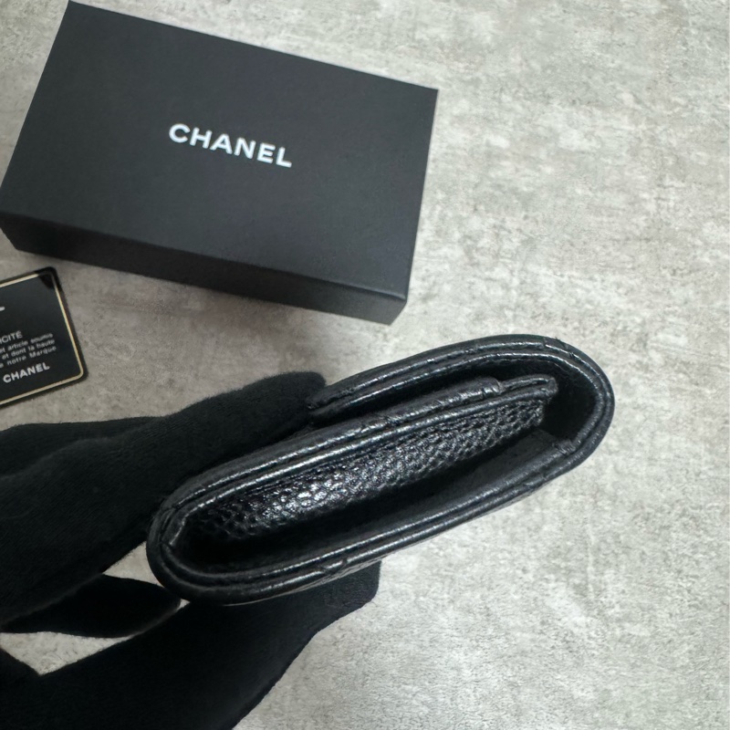 正品 Chanel 經典黑金荔枝皮cf款零錢包-8